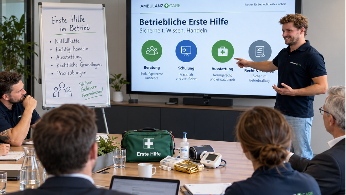 Österreichische Ersthelferin und Fachberater planen eine übersichtliche Erste-Hilfe-Ausstattung