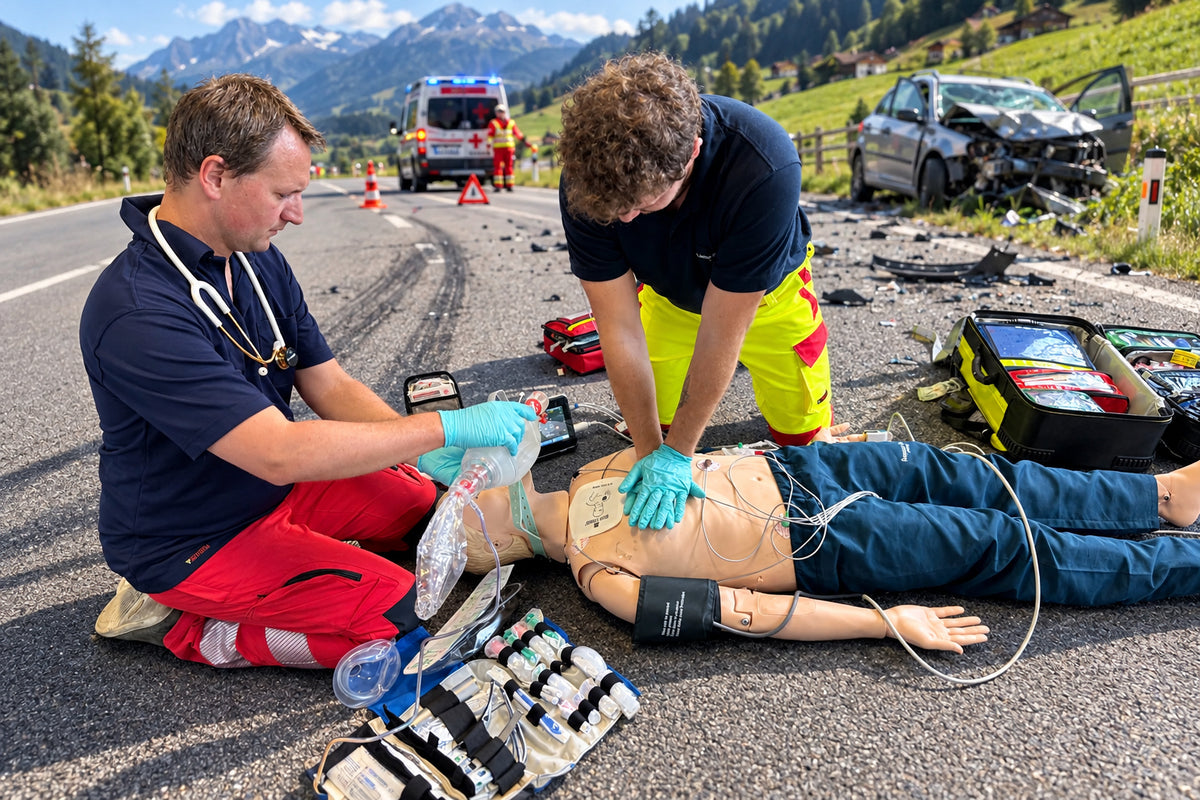 Notfallsanitäterin mit strukturierter medizinischer Einsatzausstattung